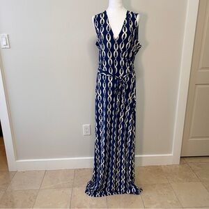 Leota Women’s Size 14/16 Navy & White Geometric Maxi Dress Faux Wrap Sleeveless